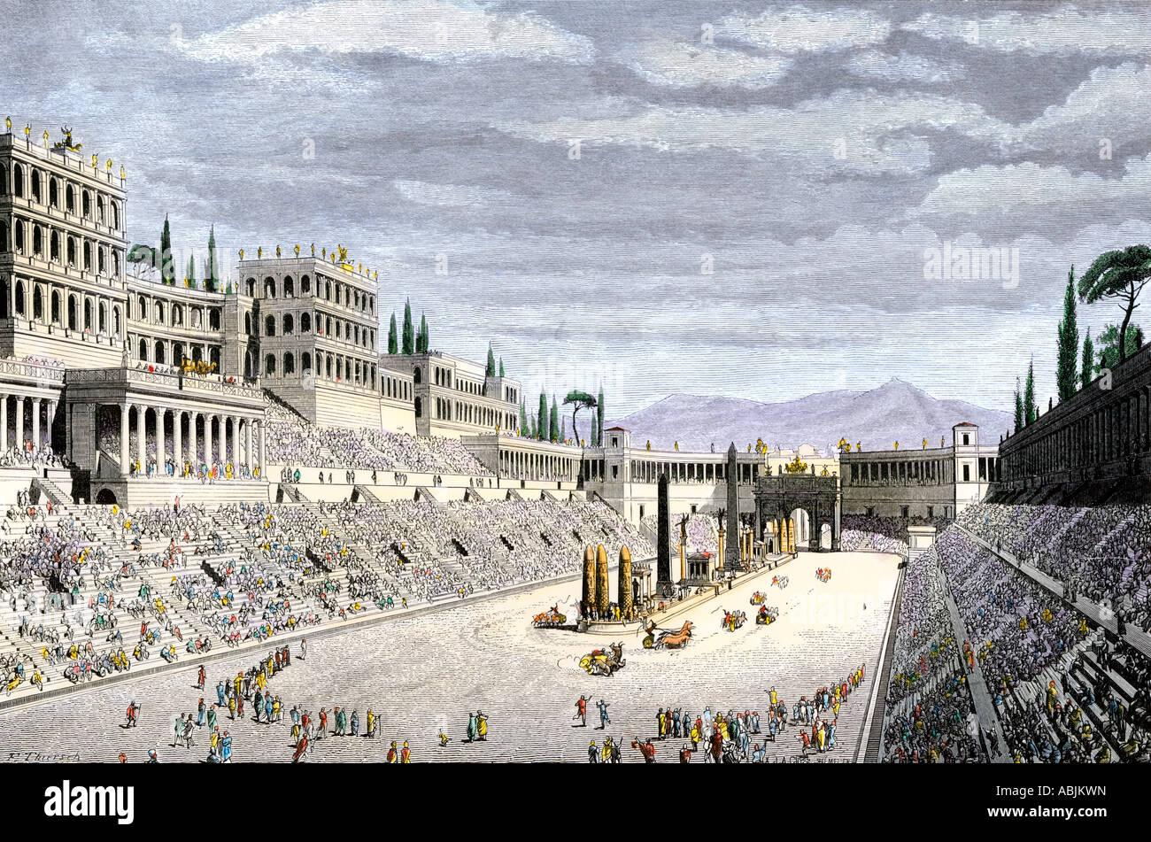Audience cheering charioteers racing in the Circus Maximus of ancient Rome. Hand-colored woodcut Stock Photo
