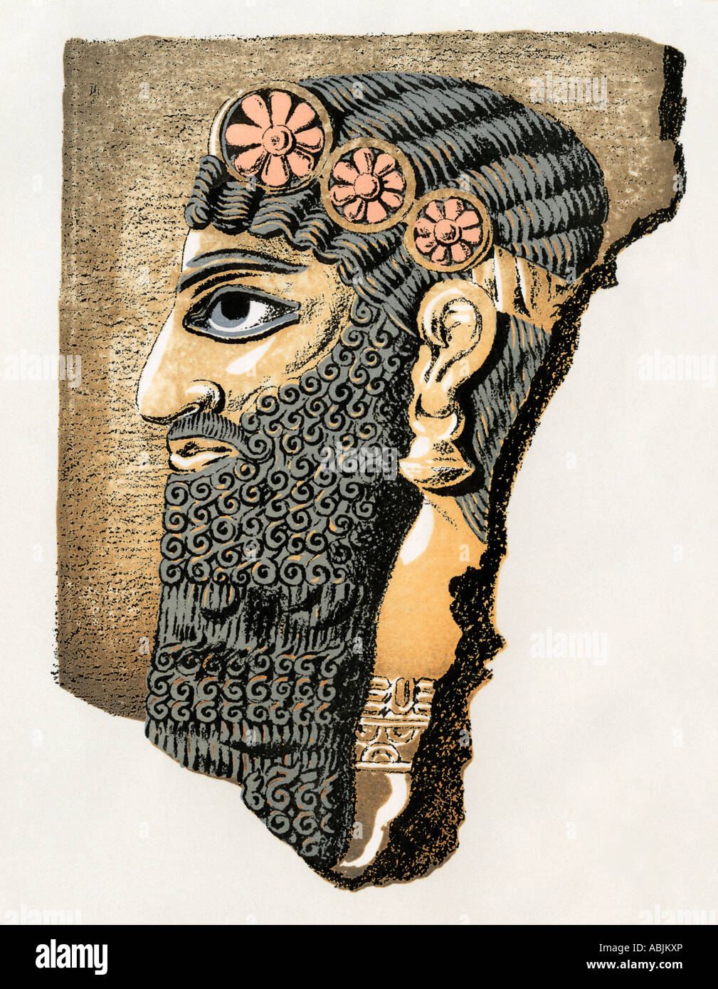 Assyrian carved and painted stone head. Color lithograph Stock Photo