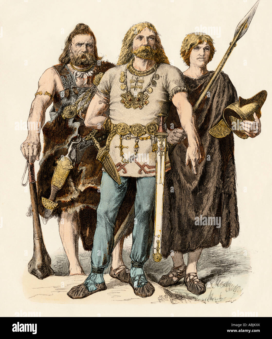 European tribesmen known as barbarians to the Romans circa 50 AD. Hand-colored print Stock Photo