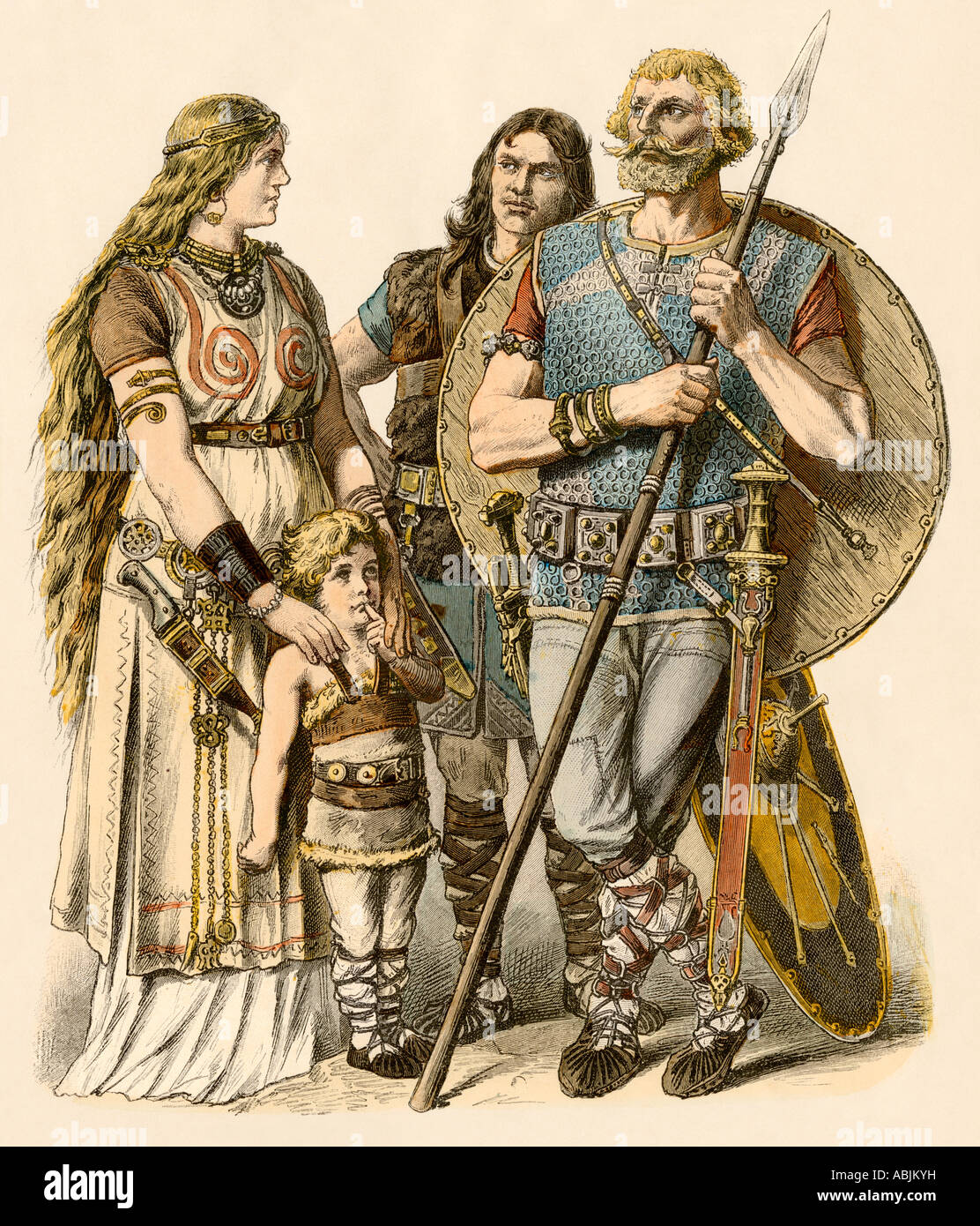 Europeans of the early Middle Ages. Hand-colored print Stock Photo