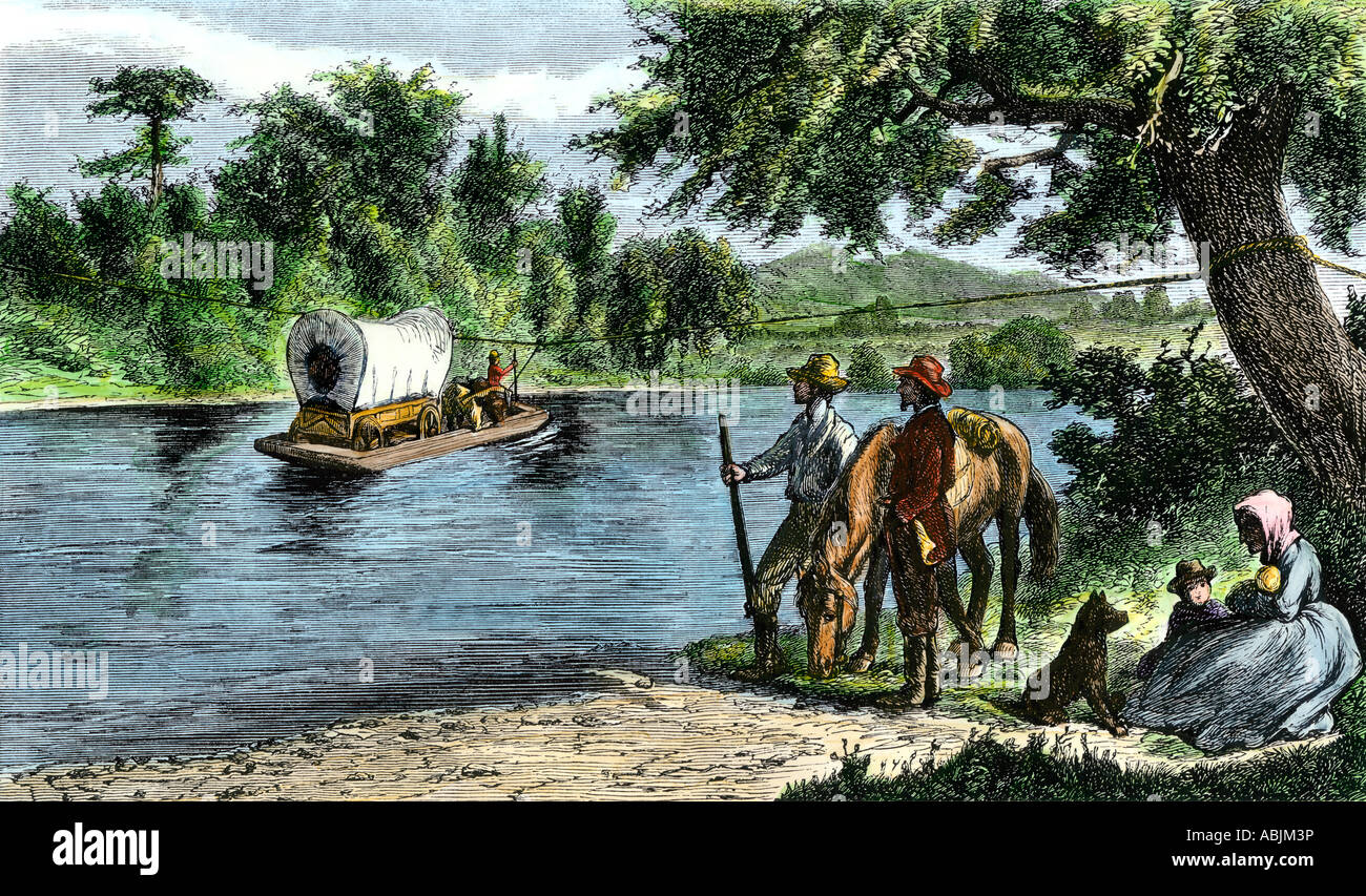 Covered wagon crossing a river by rope ferry. Hand-colored woodcut Stock Photo