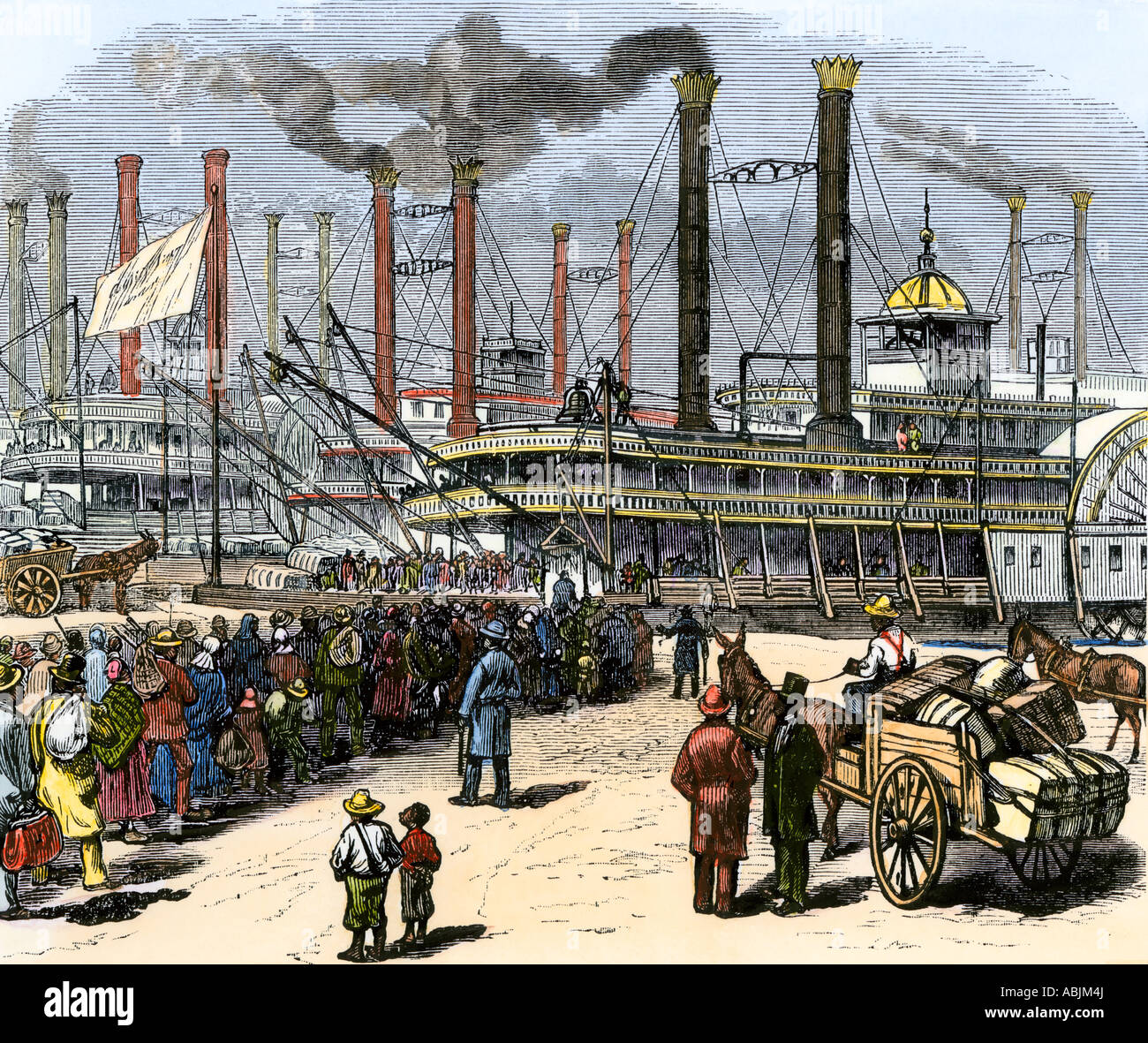 Freed African Americans embarking for the North on riverboats after the Civil War. Hand-colored woodcut Stock Photo
