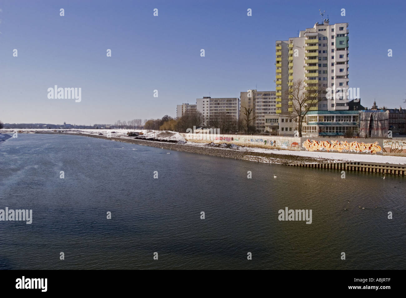Modern apartment buildings on the bank of Odra river in Opole Silesia