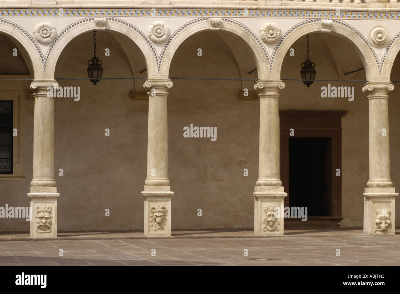 Renaissance arcade and columns at Little Wawel castle in Baranow ...