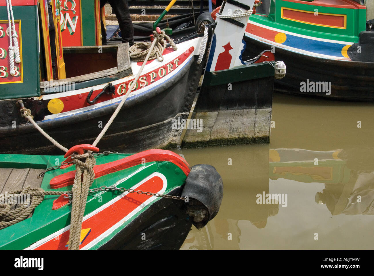 Moored Narrowboats showing Rudder and Tiller at Braunston Marina Stock Photo Alamy