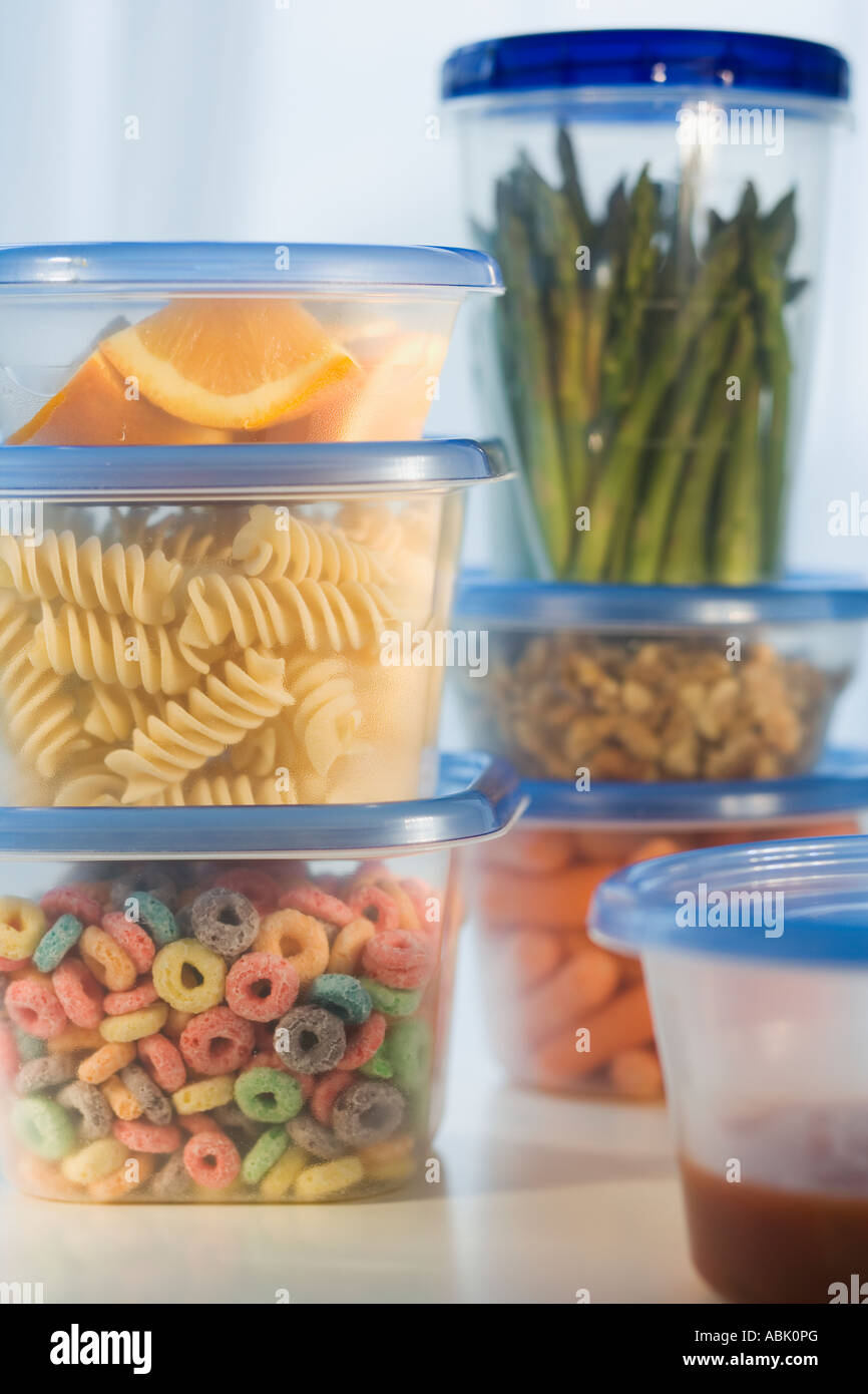 Stacked plastic containers of food Stock Photo