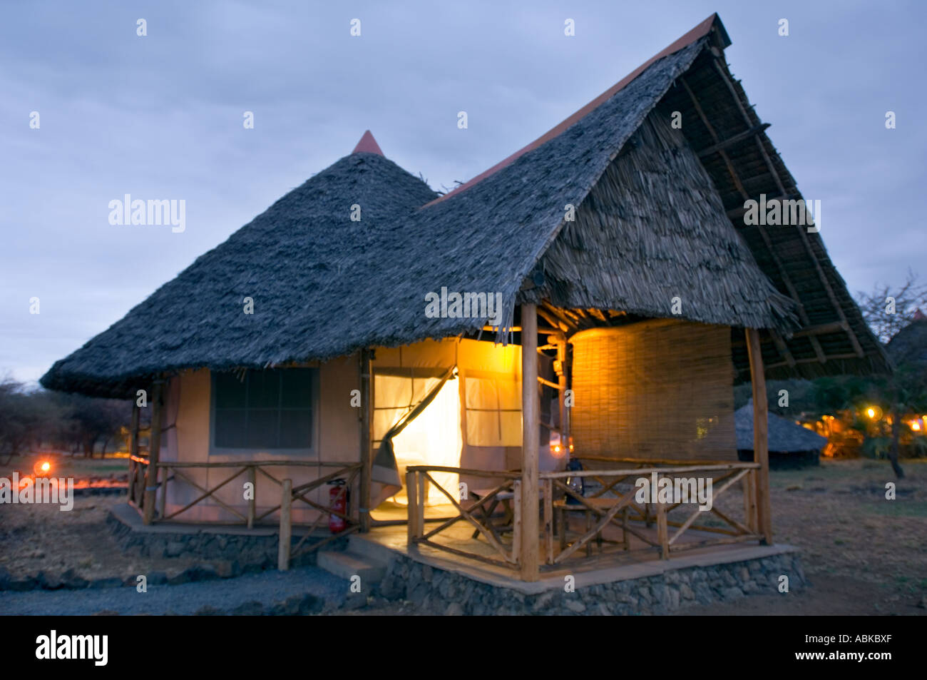 safari lodge camp tent KENYA wildlife Tsavo West Kenia East Africa   evening night dawn sunset sundown light SEVERIN SAFARI CA Stock Photo