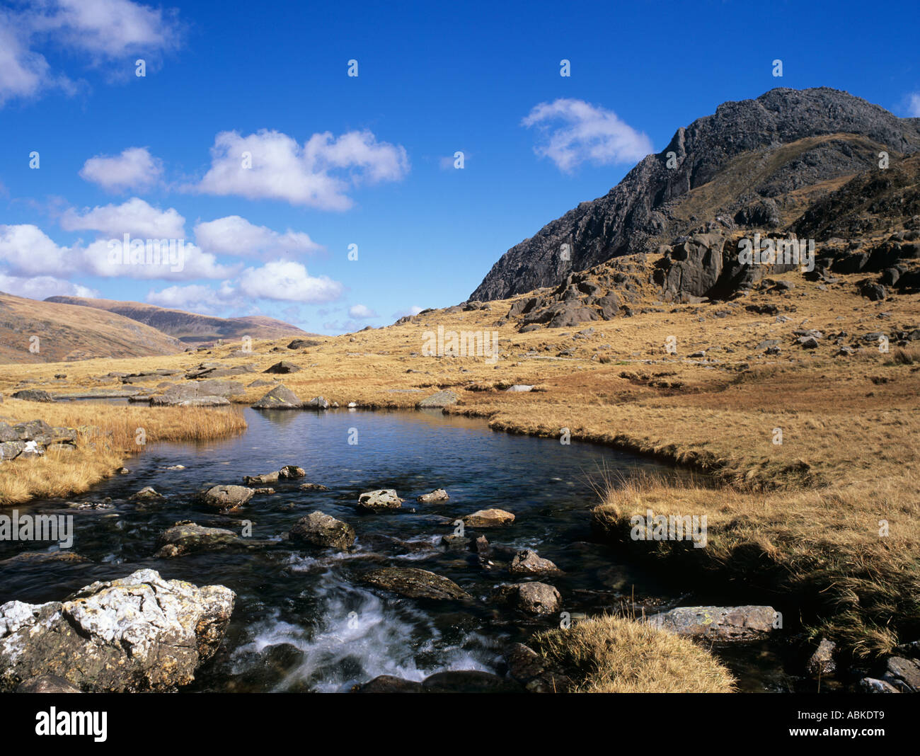 Tryfan mountain and upland stream in Ogwen Valley in Snowdonia National