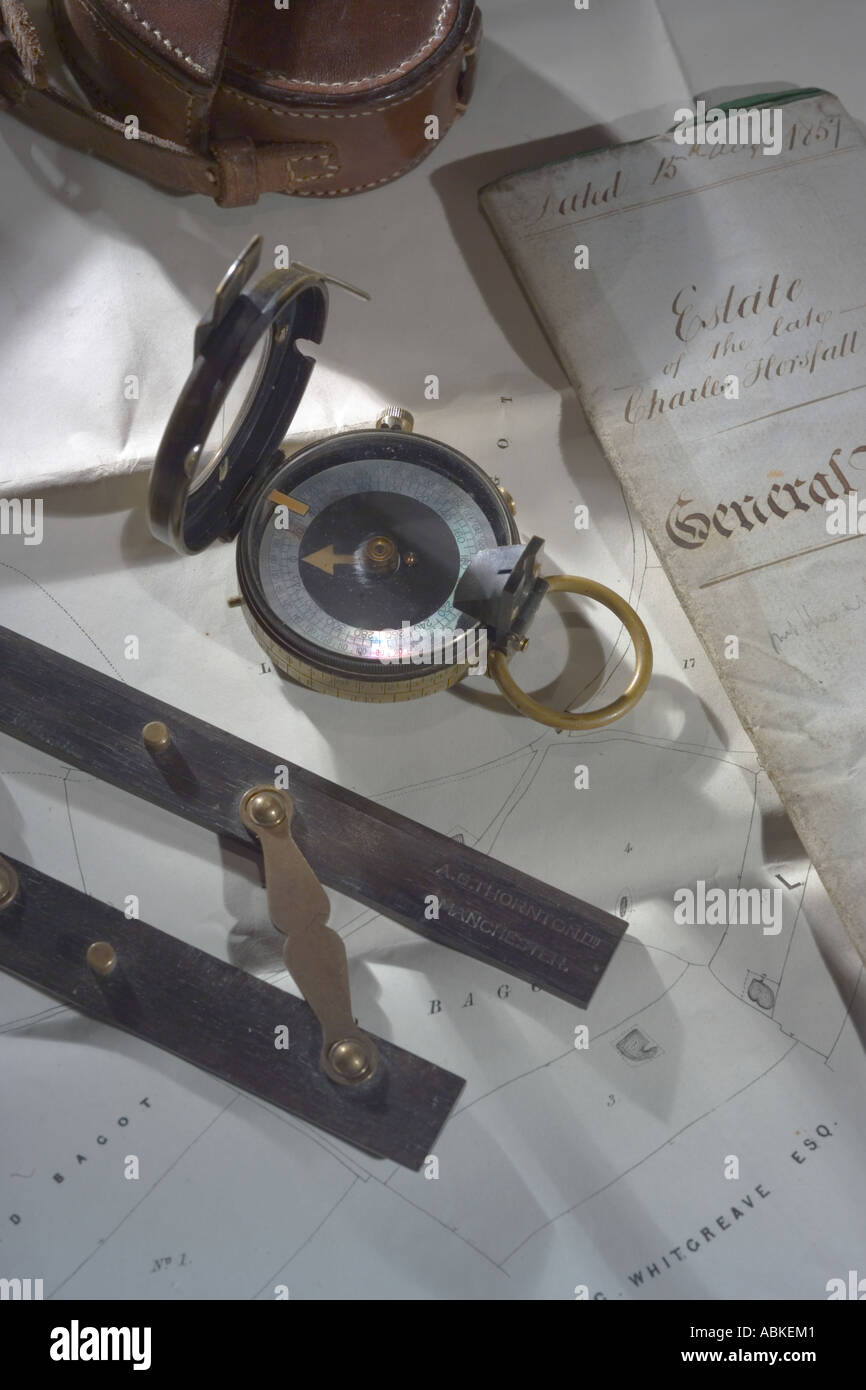 Studio Photograph of Maps, compass and other navigation equipment Stock