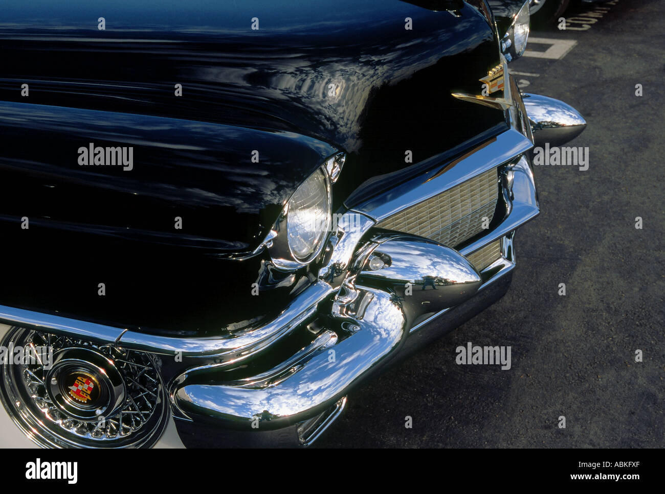 Front end of classic black Cadillac 1956 Stock Photo