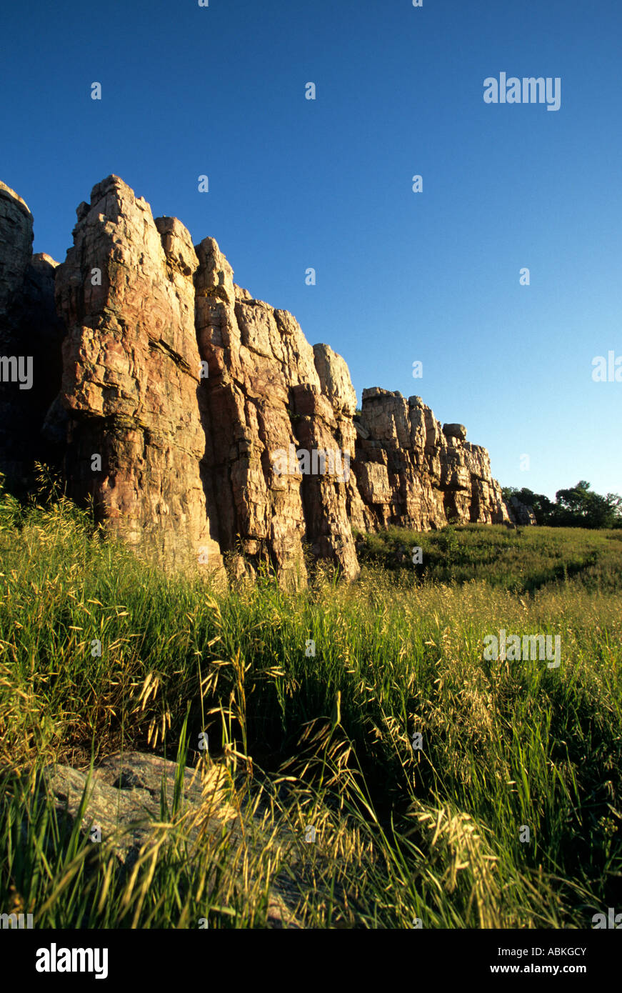 SIOUX QUARTZITE BLUFFS IN BLUE MOUNDS STATE PARK, S. W. MINNESOTA.  SUMMER. Stock Photo