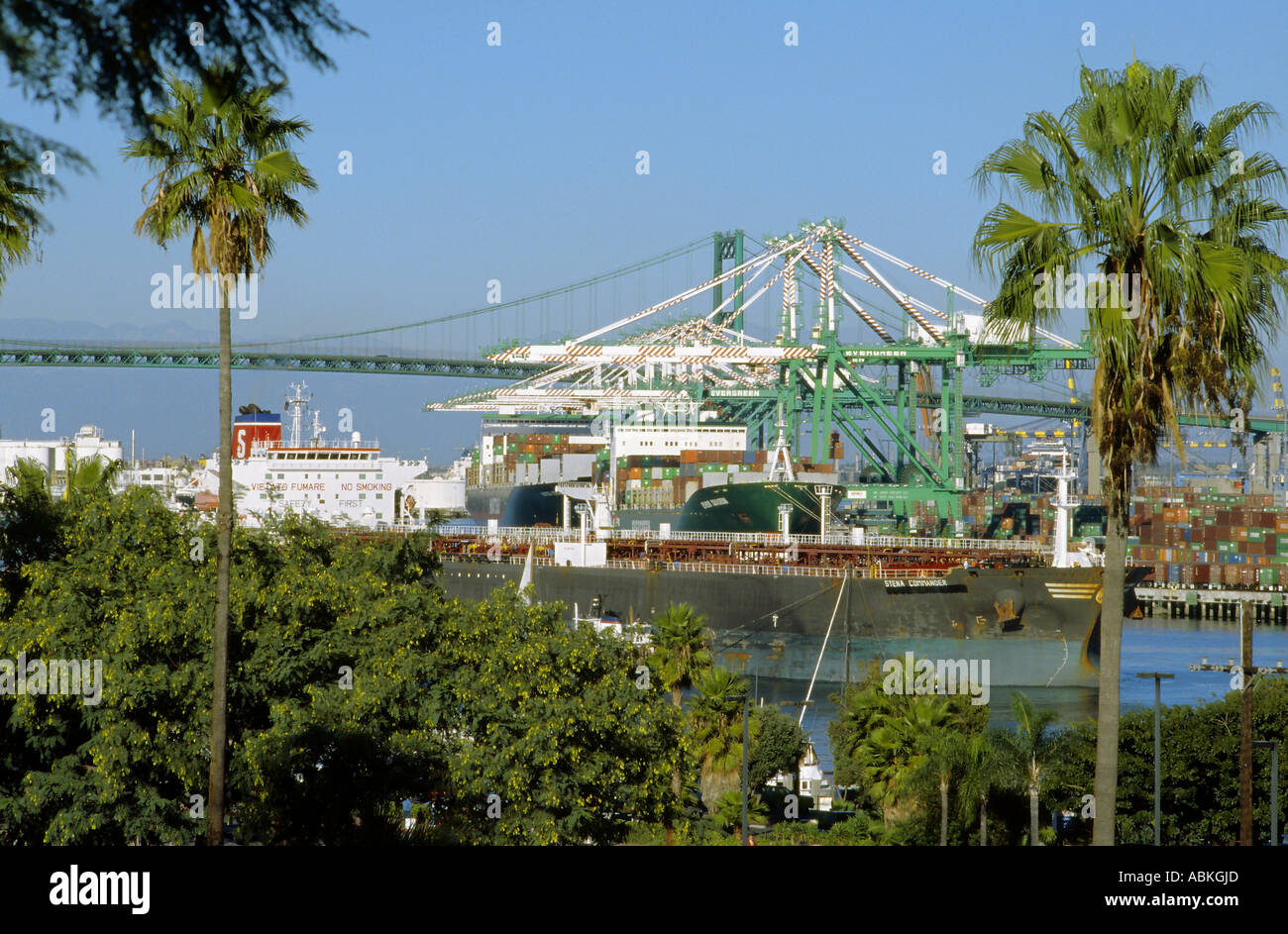 Cranes and ships in the Main Channel of the San Pedro harbor, California, in the background the Vincent Thomas Bridge Stock Photo