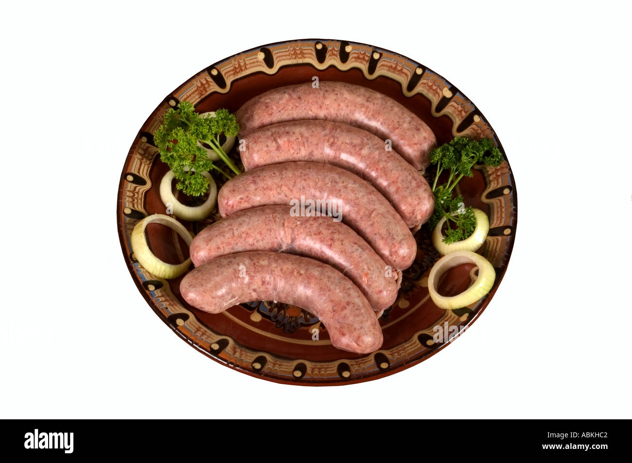 sausages raw pork traditional plate food meat eat cooking industry and bad for you banger bangers barbecue barbecues basics BBQ Stock Photo