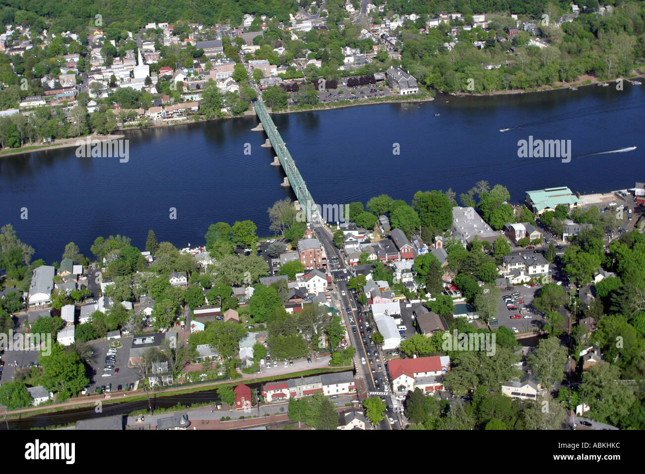 Aerial view of New Hope, Pennsylvania, Lambertville, New Jersey and Delaware River Stock Photo