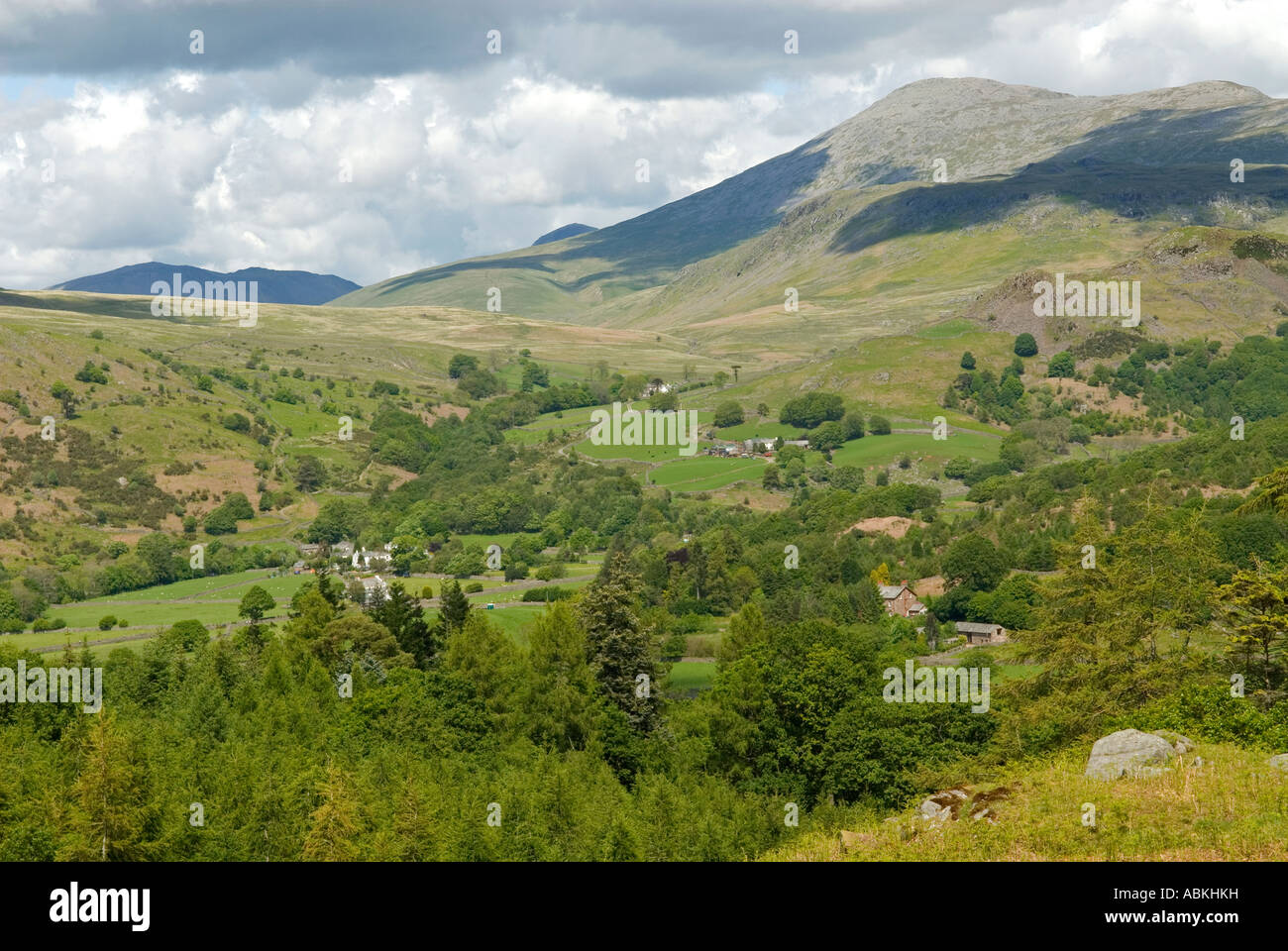 View of Eskdale Valley looking North East towards Hardknott from Stanley Force waterfalls. Stock Photo