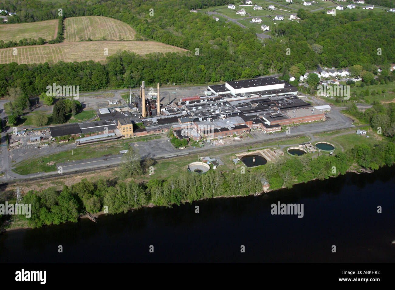 Aerial photo of Curtis Paper Mill, closed since 2003, on the banks of