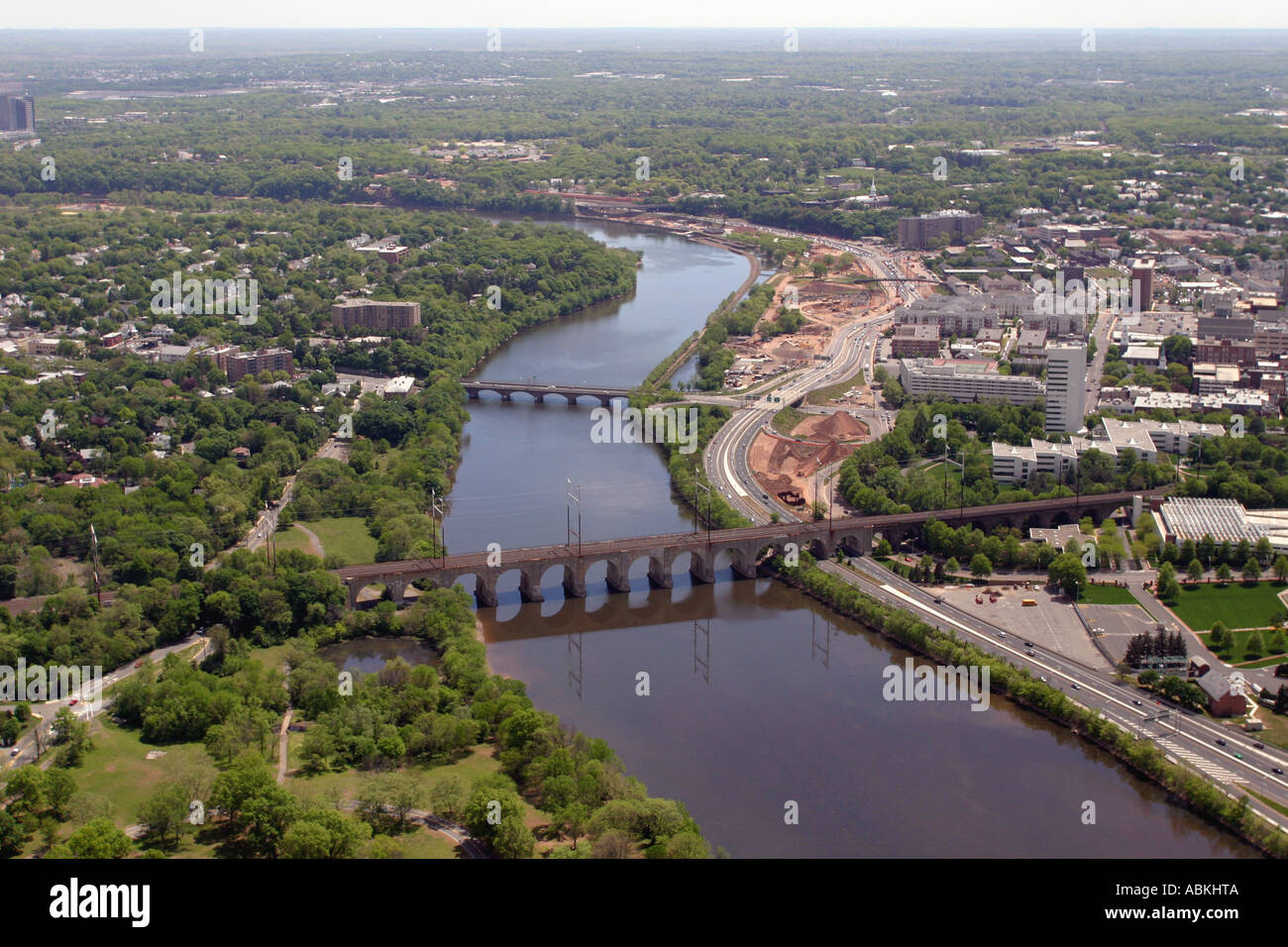 Aerial view of Raritan River near City of New Brunswick, New Jersey, U.S.A. Stock Photo