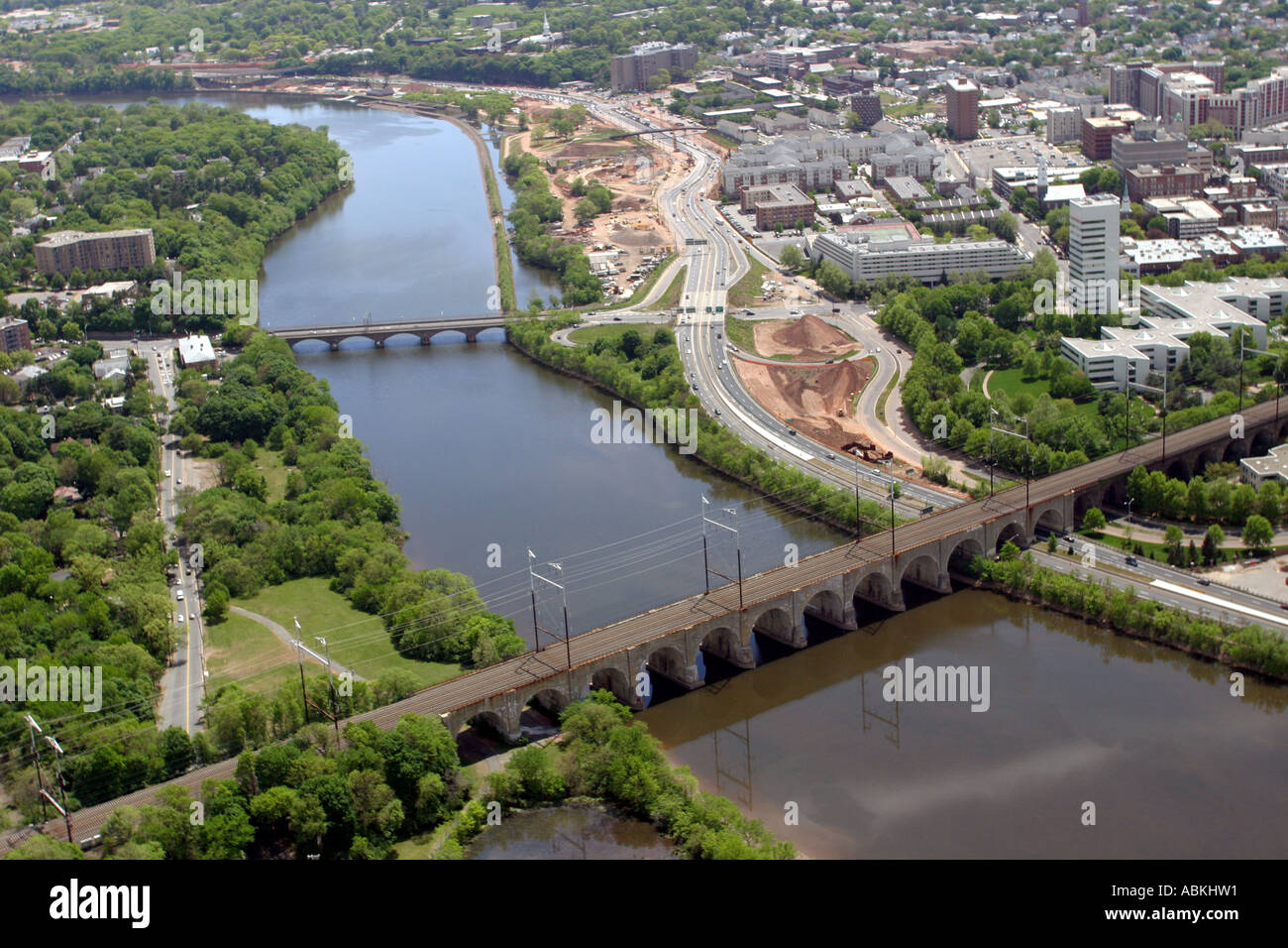 Aerial view of railroad bridge over Raritan River near City of New Brunswick, New Jersey, U.S.A. Stock Photo