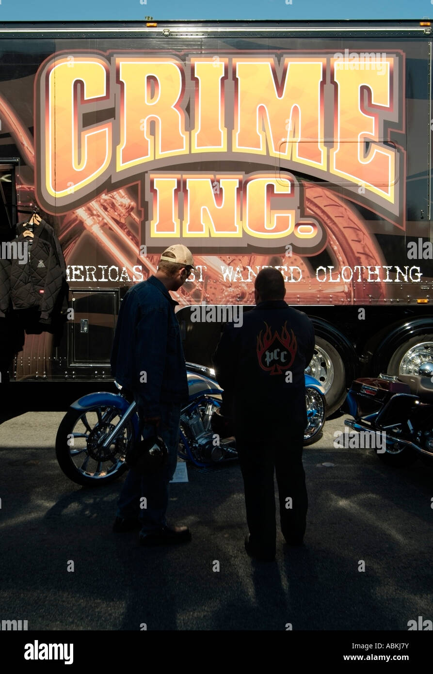 CRIME INC display on the main street of Hollister, CA, during the annual Independence motorcycle rally.  Photo by Chuck Nacke Stock Photo