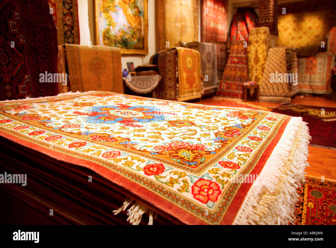 Arabian Carpet Shop Dubai Persian Store Rug Foreground Stock Photo
