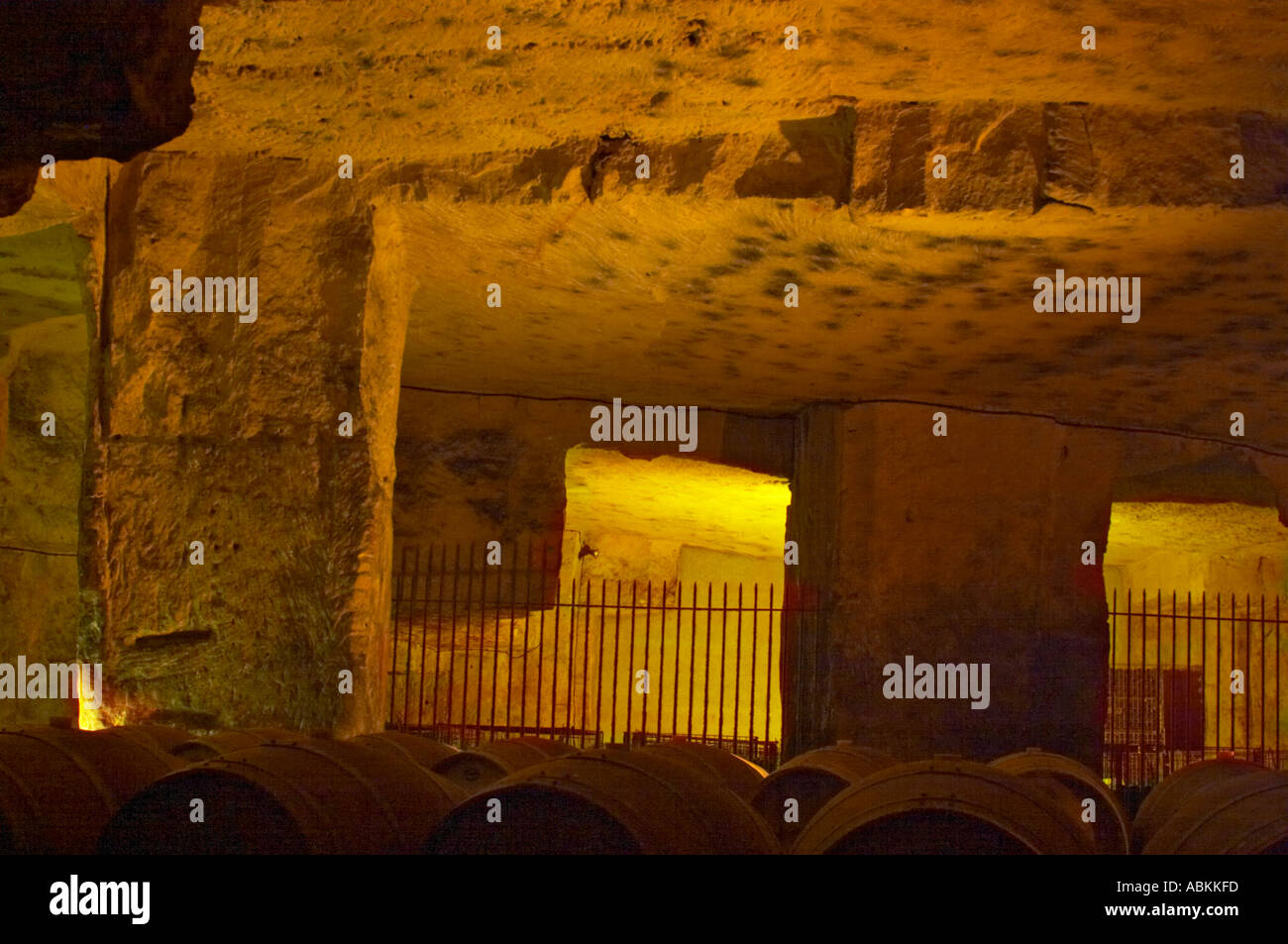 The underground winery and cellar in an old stone quarry, oak barrels