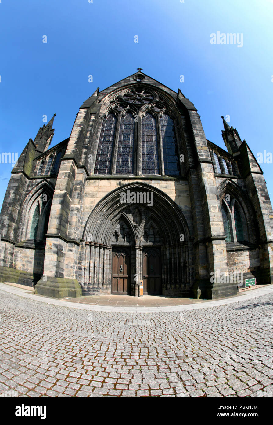 Abstract fisheye image of Glasgow Cathedral on a bright spring day. Stock Photo