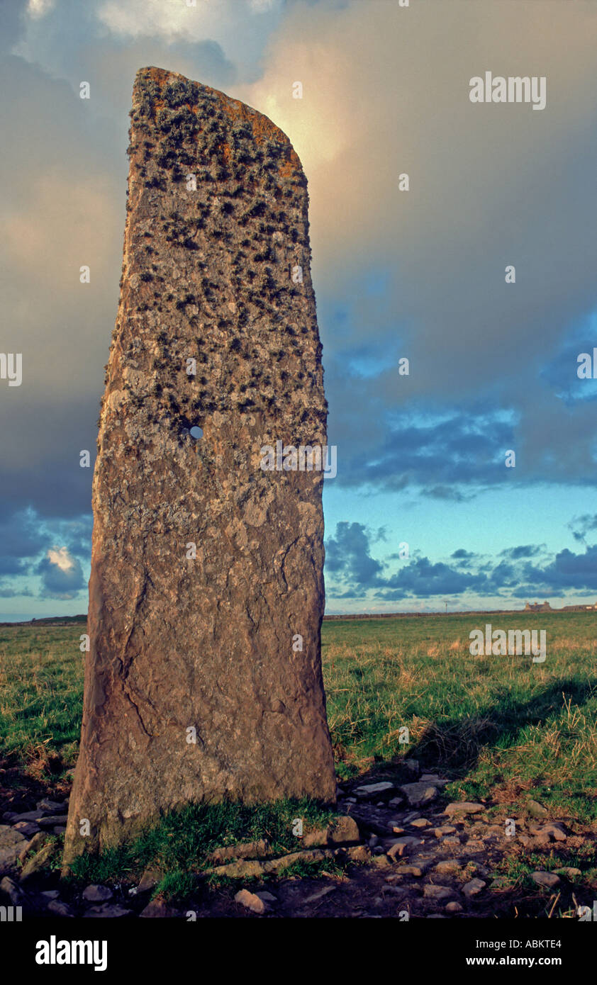Standing stone sentinel stone, possibly an out marker, North Ronaldsay, Orkney, Scotland, UK September Stock Photo