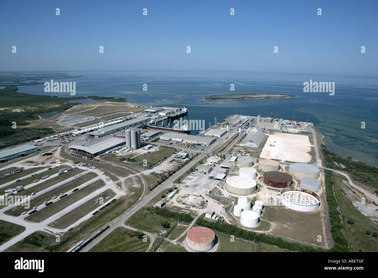 Aerial photo of sea Port Manatee with cargo ships unloading Tampa Bay