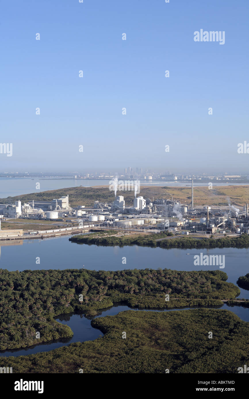 Aerial photo of heavy industrial factory plant on Alafia River Gibsonton Tampa Bay South Channel Florida Stock Photo
