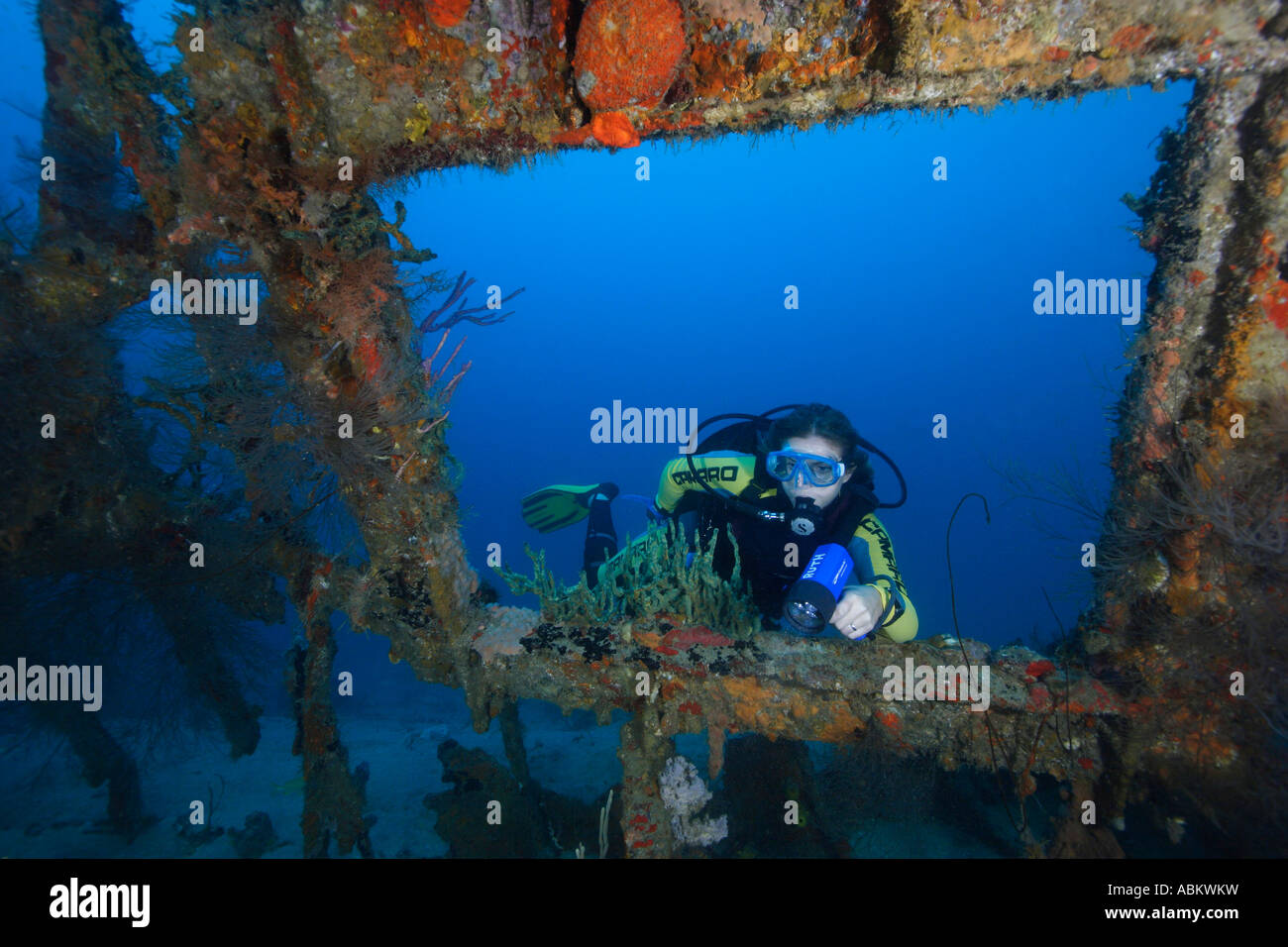 scuba diver at Buccaneer shipwrack Grenada Stock Photo