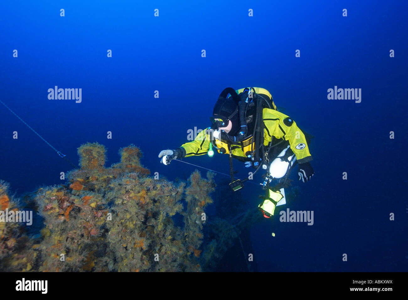 scuba diver on a ship wreck Stock Photo