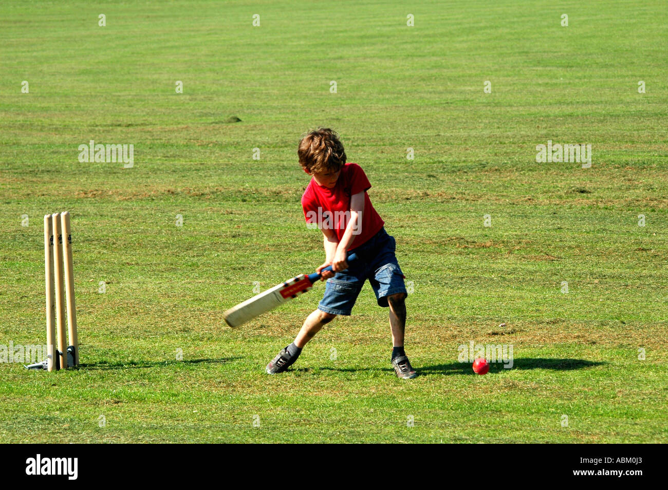 young boy batting in a game of cricket at the park Stock Photo