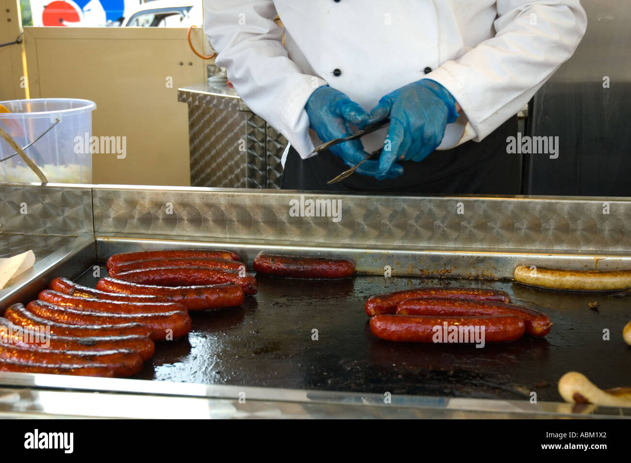 Fried sausages at a market outside Stratford station in East London