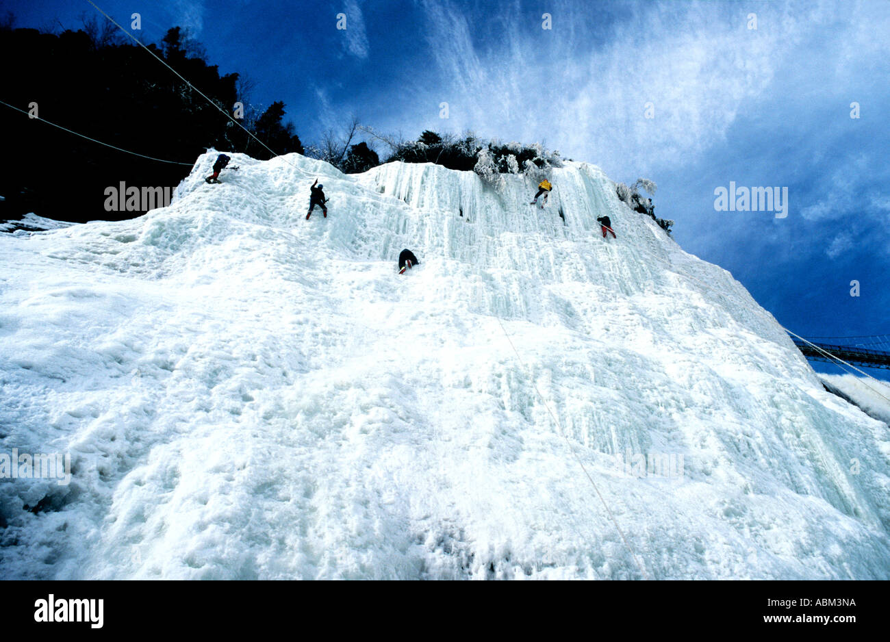 Ice climbing at frozen Montmorency Falls Quebec is a popular winter