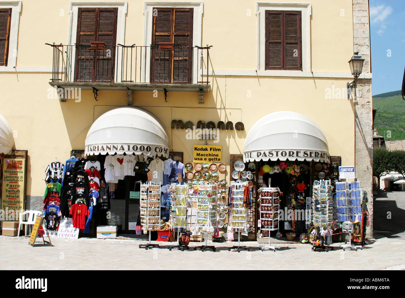 Souvenir and post card shop in Norcia ,Umbria which is a famous gourmet  center in the Sibillini National Park Italy Stock Photo - Alamy
