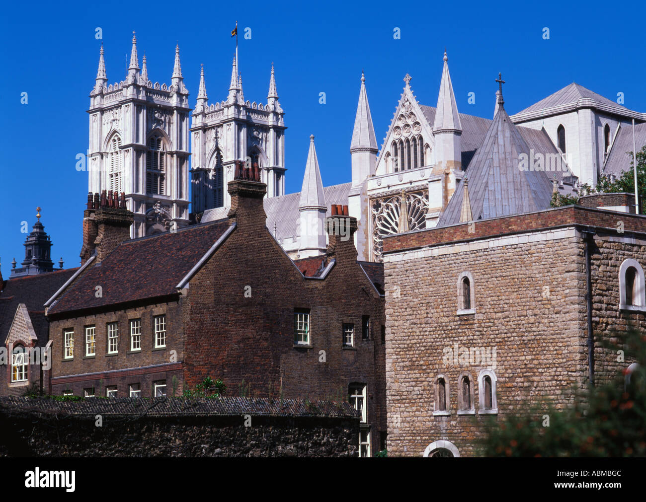 View of Westminster Abbey through the rooftops of london homes. Stock Photo