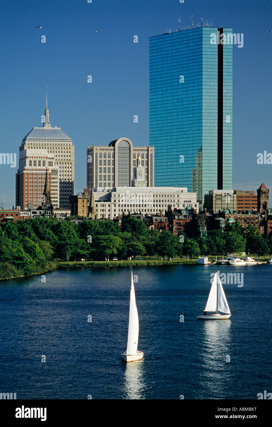 View of Boston Massachusetts and Charles River from Longfellow Bridge. (ca. 1990) Stock Photo