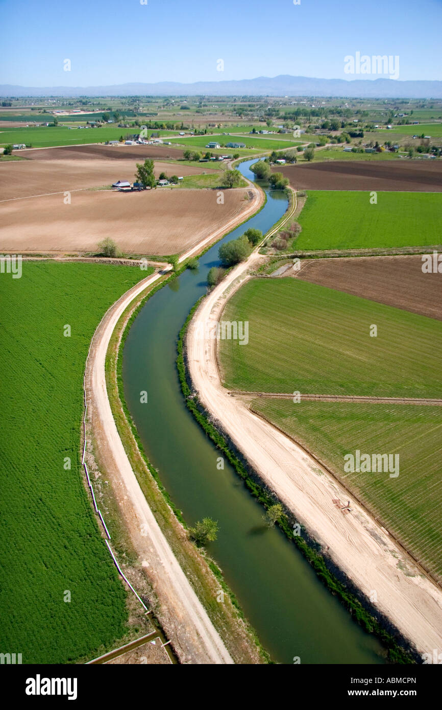 Aerial view of farmland and an irrigation canal in Canyon County Idaho