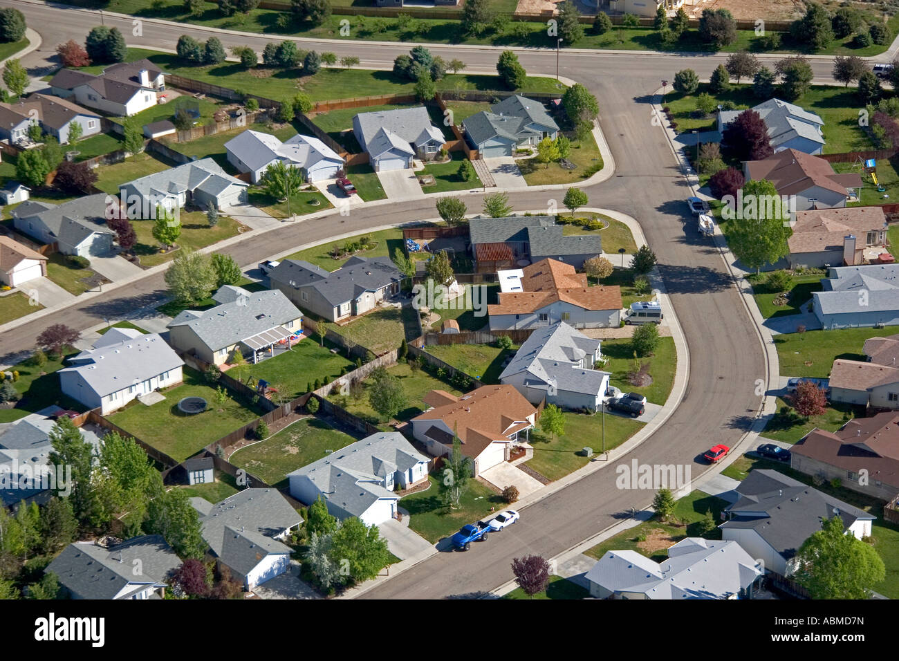 Aerial view of suburban homes in Columbia Village subdivision Boise