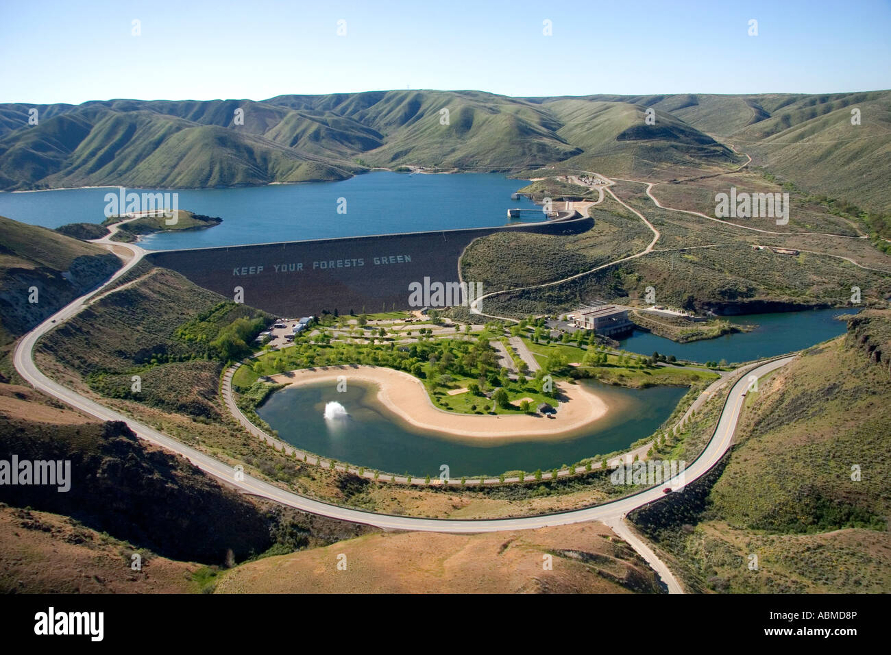 Aerial view of Lucky Peak reservior and hydroelectric dam in Boise