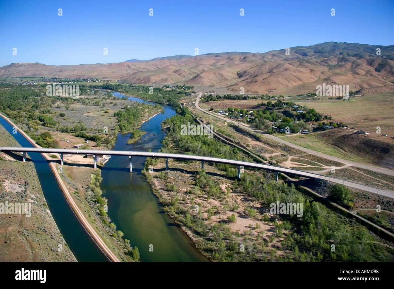 Aerial view of highway 21 bridge crossing the Boise River in Boise