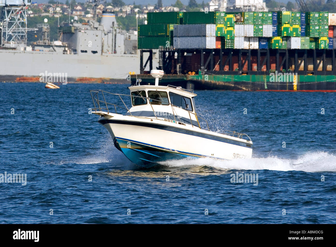 Motorized boat in Elliott Bay at Seattle Washington Stock Photo