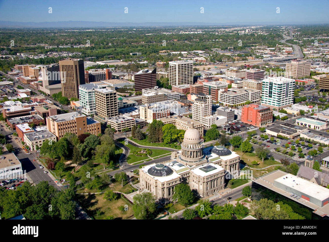 Aerial view of downtown Boise and the state capitol building in Idaho