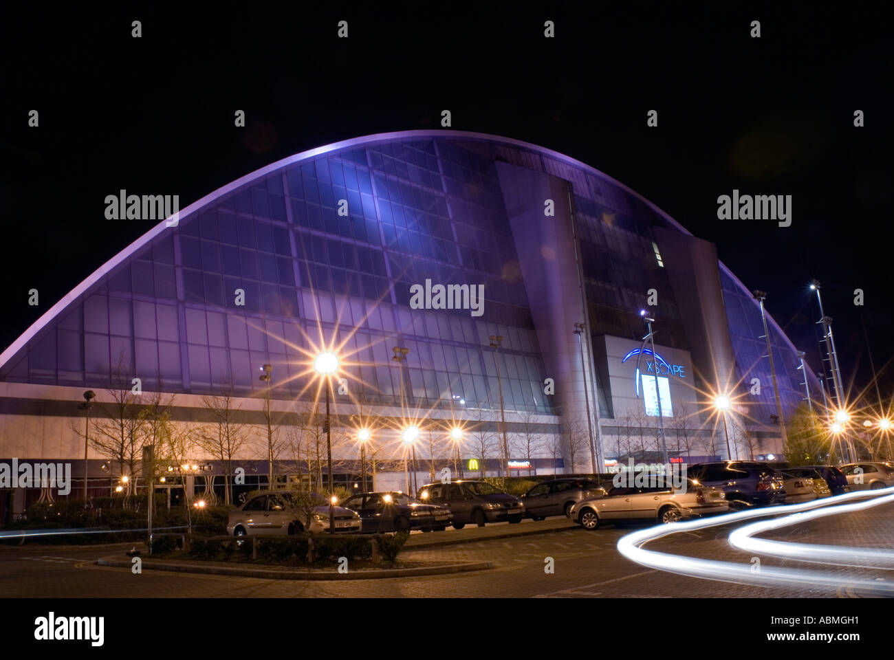 The Xscape building in Central Milton Keynes the Centre MK at night UK road Central Milton
