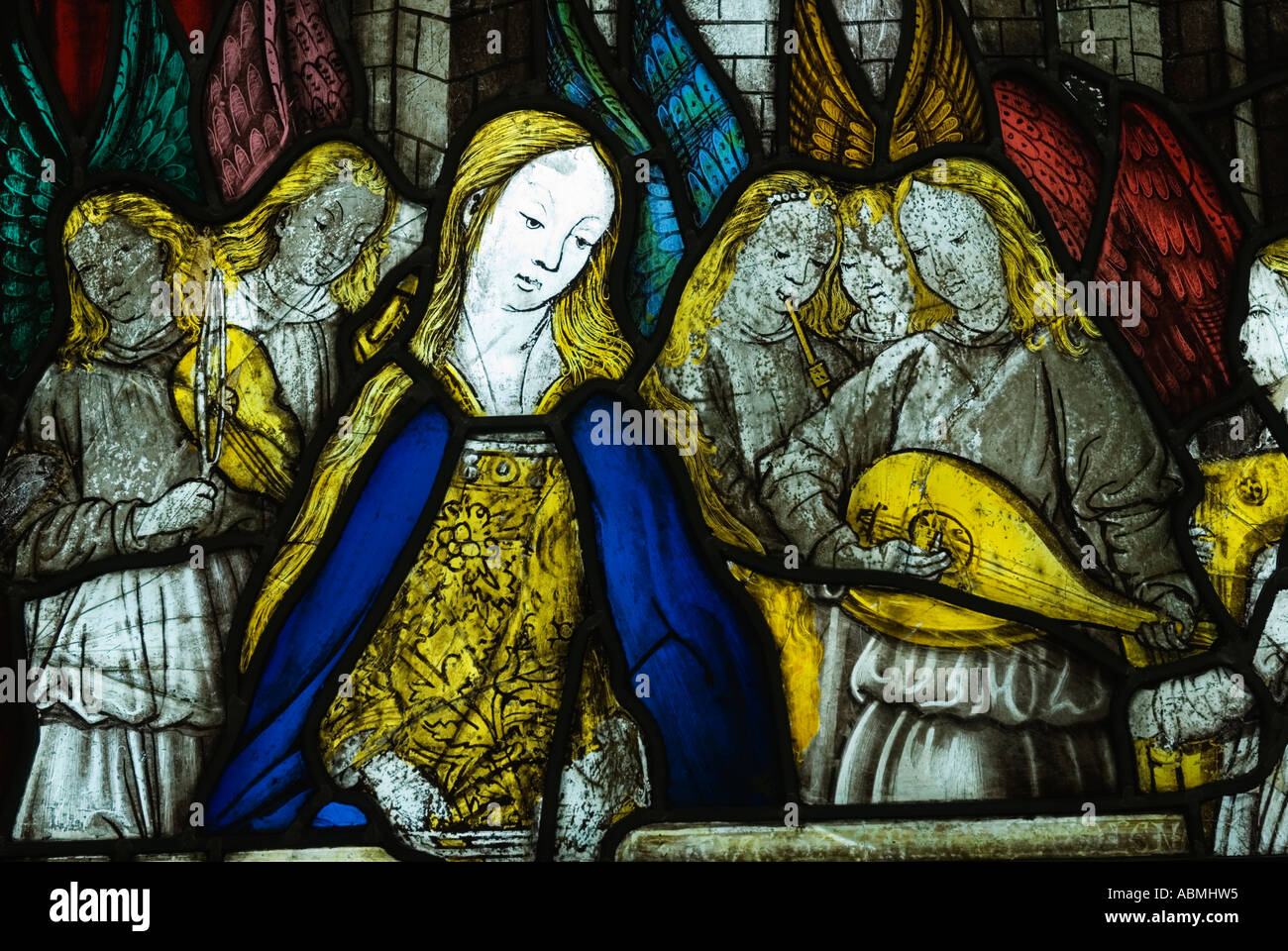 Detail of stained glass window at Burrell Museum in Glasgow Stock Photo