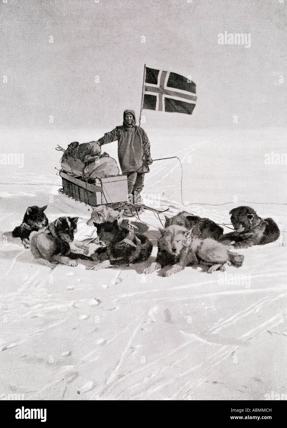 Captain Roald Engelbregt Gravning Amundsen,1872 -1928.  Seen here at the South pole under the Norwegian flag. Stock Photo