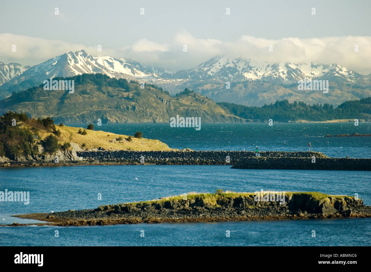 Alaska, Kodiak, Mountains and bay Stock Photo