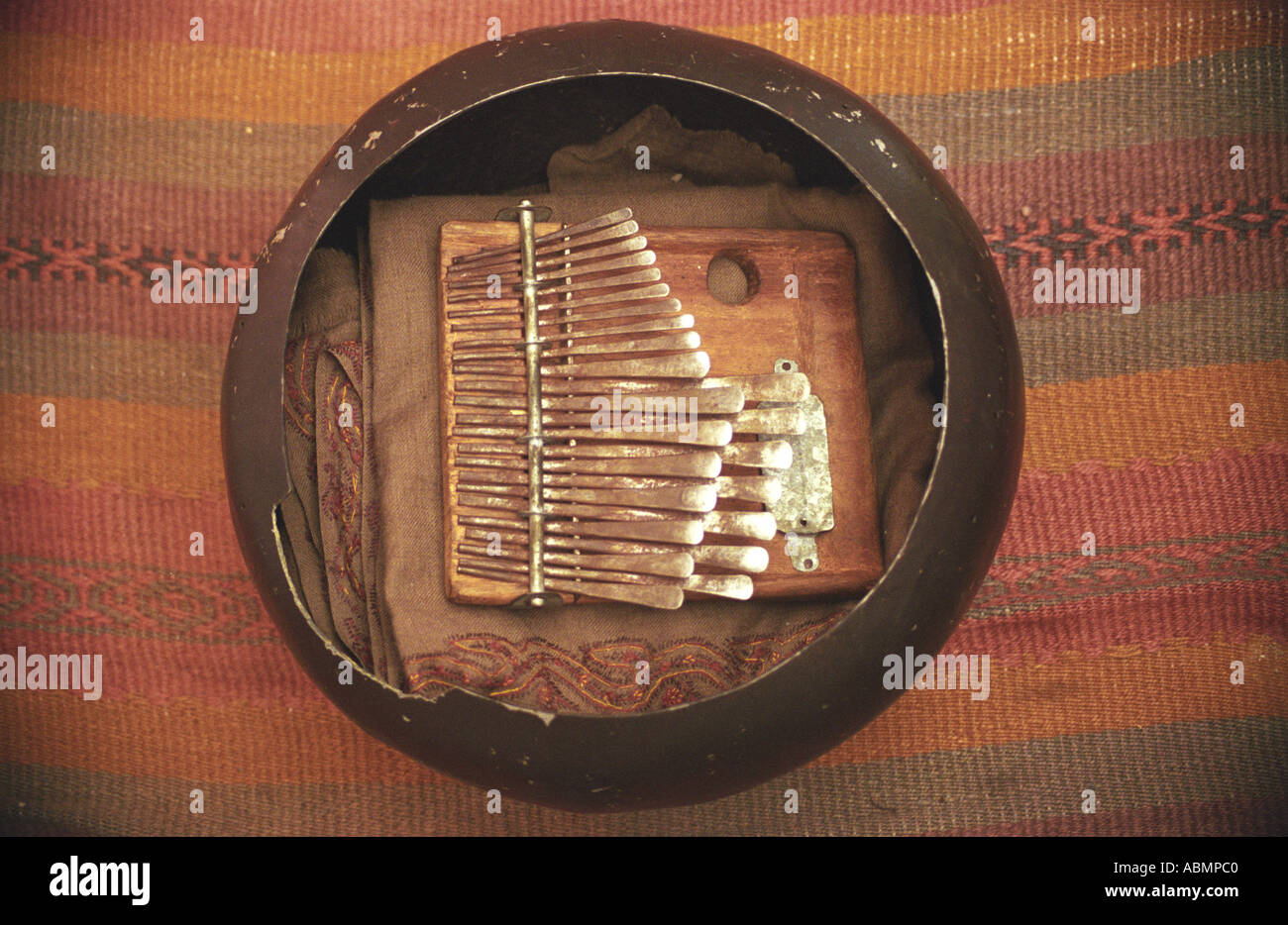 the beautiful shape of the mbira and gourde ready to play byron bay nsw australia Stock Photo