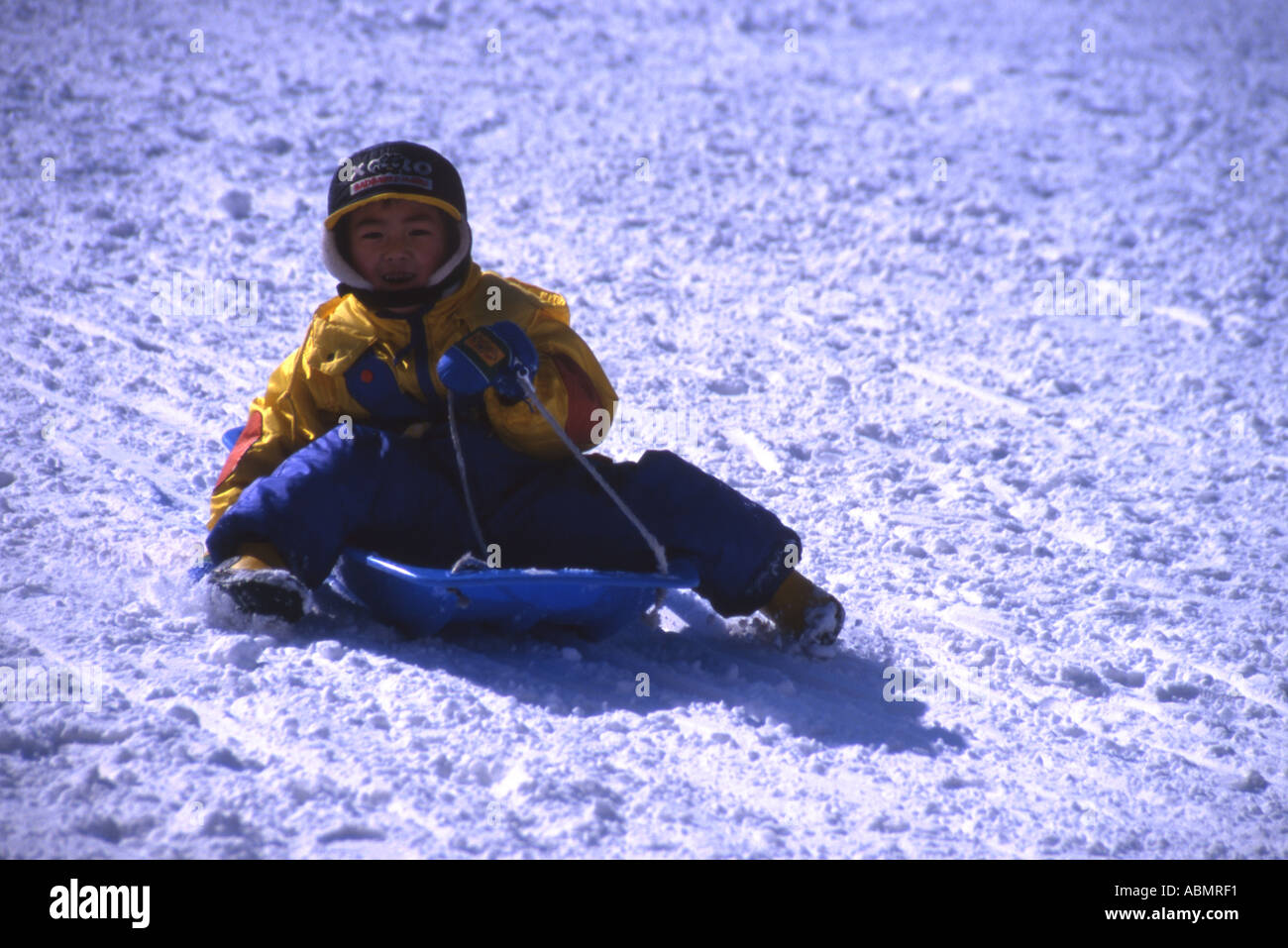 Young boy flies down the snow covered slope on his sled Hokkaido Japan Stock Photo