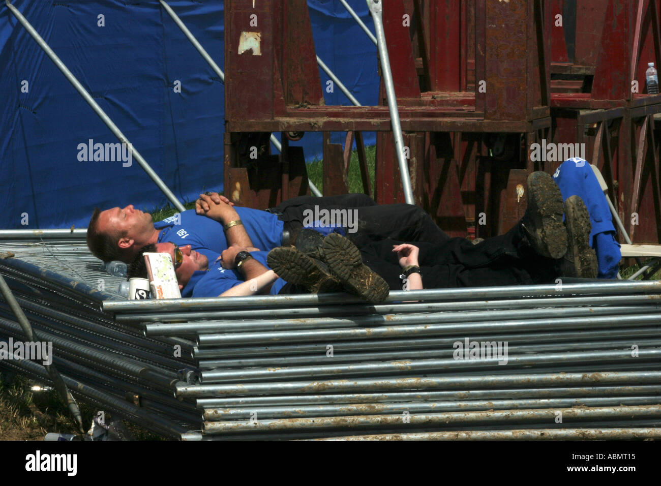 security guards asleep at the Glastonbury Festival the biggest music festival in Europe Worthy